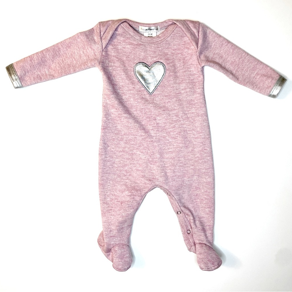 Baby Girl Long-Sleeve Heart Footie Onesie /Jumpsuit /Bodysuit, Pink+Silver